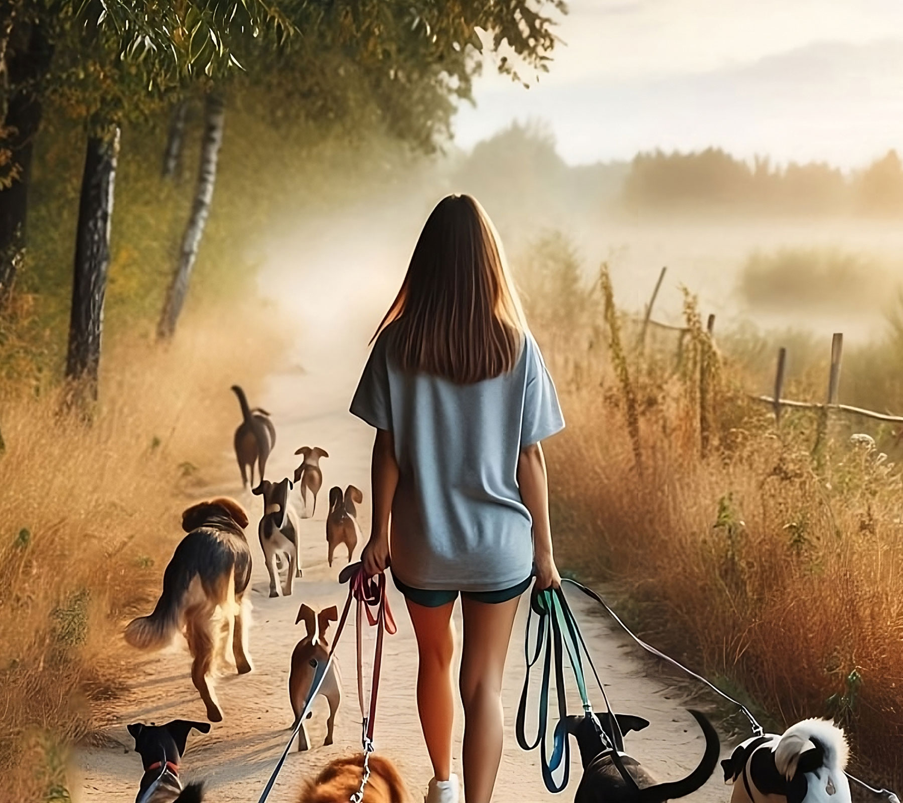 muchacha paseando perros